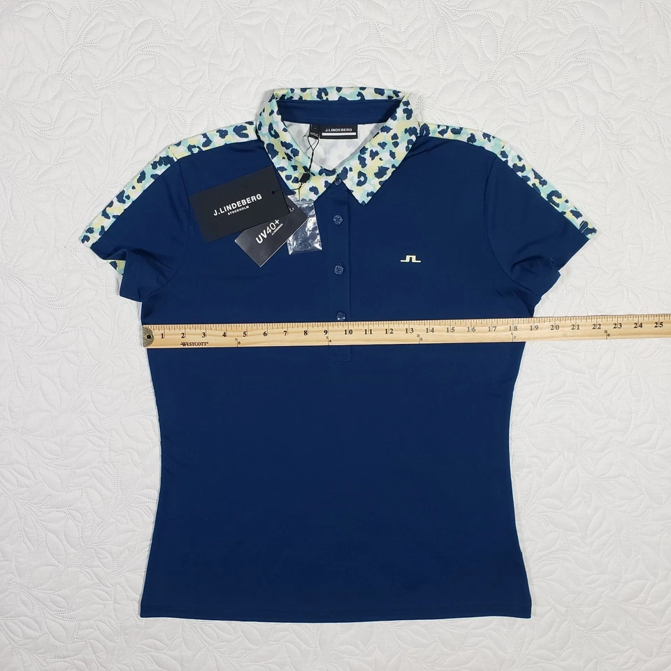 NUEVO CON ETIQUETAS J.Lindeberg Cara Polo Mujer L Estate Azul Leopardo Contraste Golf Rendimiento Foto 3 de 4