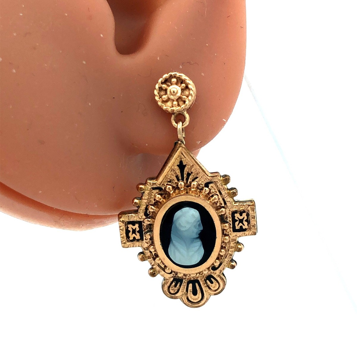 Victorian 14K And Gold Filled Black White Cameo Enamel Dangle