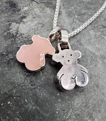 Sterling Silver 925 Tous 2 Bear Pink Quartz Pendants w 18