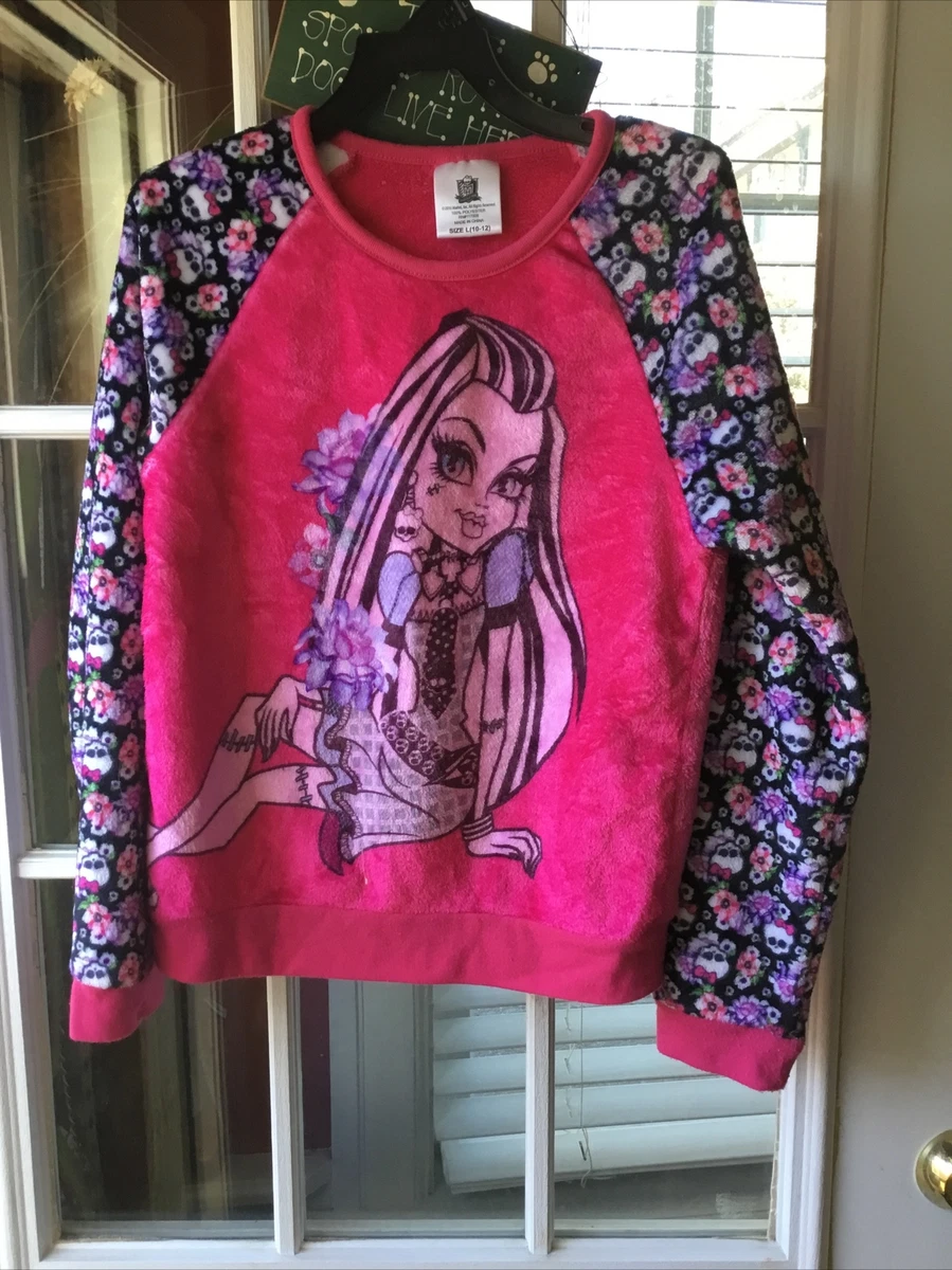 Girls Monster High Fleece Velour Pink Black Flowers Sweatshirt Size Large  10-12