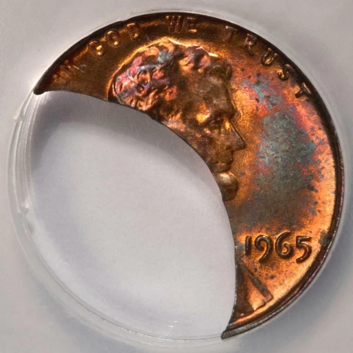1965 NGC MS64RB 65% Curved Clip 1.4 Grams Lincoln Cent Mint Error Rainbow Toned