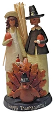 Blossom Bucket, Suzi Skoglund Pilgrims with turkey Thanksgiving figurine