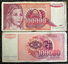 Yugoslavia 100000 Dinara 1989 Banknote World Paper Money Circulated