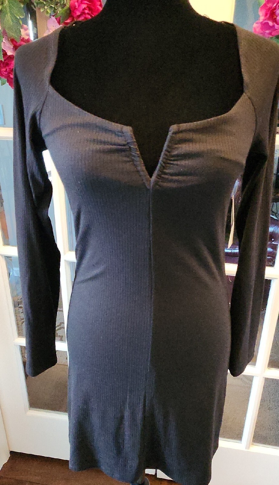 FILA ROW A SIZE MEDIUM BLACK RIBBED LONG SLEEVE SHORT BODYCON DRESS