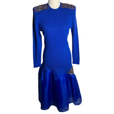Vintage Donna Michele Sweater Dress Womens Small Blue Knit Sequin Tulle Skirt