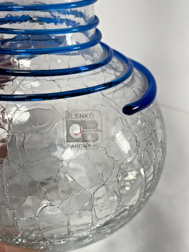 Juego de jarrones de vidrio Blenko azul espiral claro flor craquelada vintage hechos a mano 7 pulgadas Foto 3 de 4