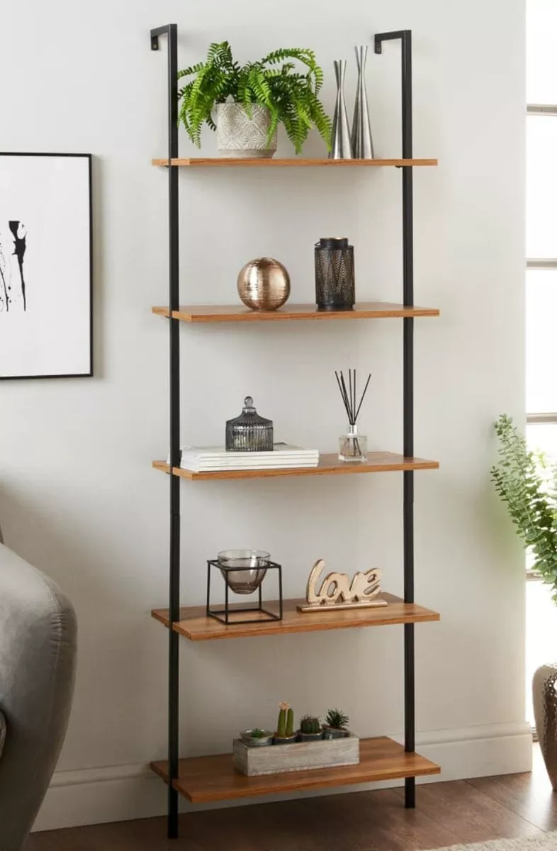 Rustic Oak Finish 5 Tier Ladder Shelving Rack Storage Shelf Plant