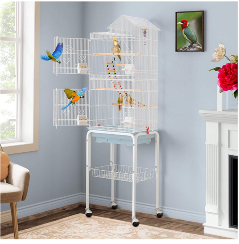 62" Large Metal Flight Bird Cage Parakeet Cages w/Rolling Stand & Hanging Toys