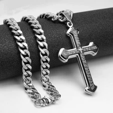 Mens 7mm Cuban Necklace Chain with Stainless Steel Bible Verse Big Cross Pendant