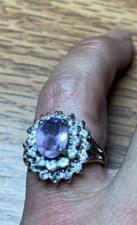 Purple Oval Amethyst with Clear Stone Accents Sterling Silver Ring Size 5