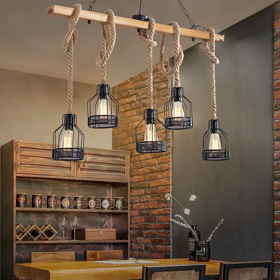 Lámpara de techo colgante Edison con viga de madera rústica | Downlight interior para granja... Foto 3 de 4