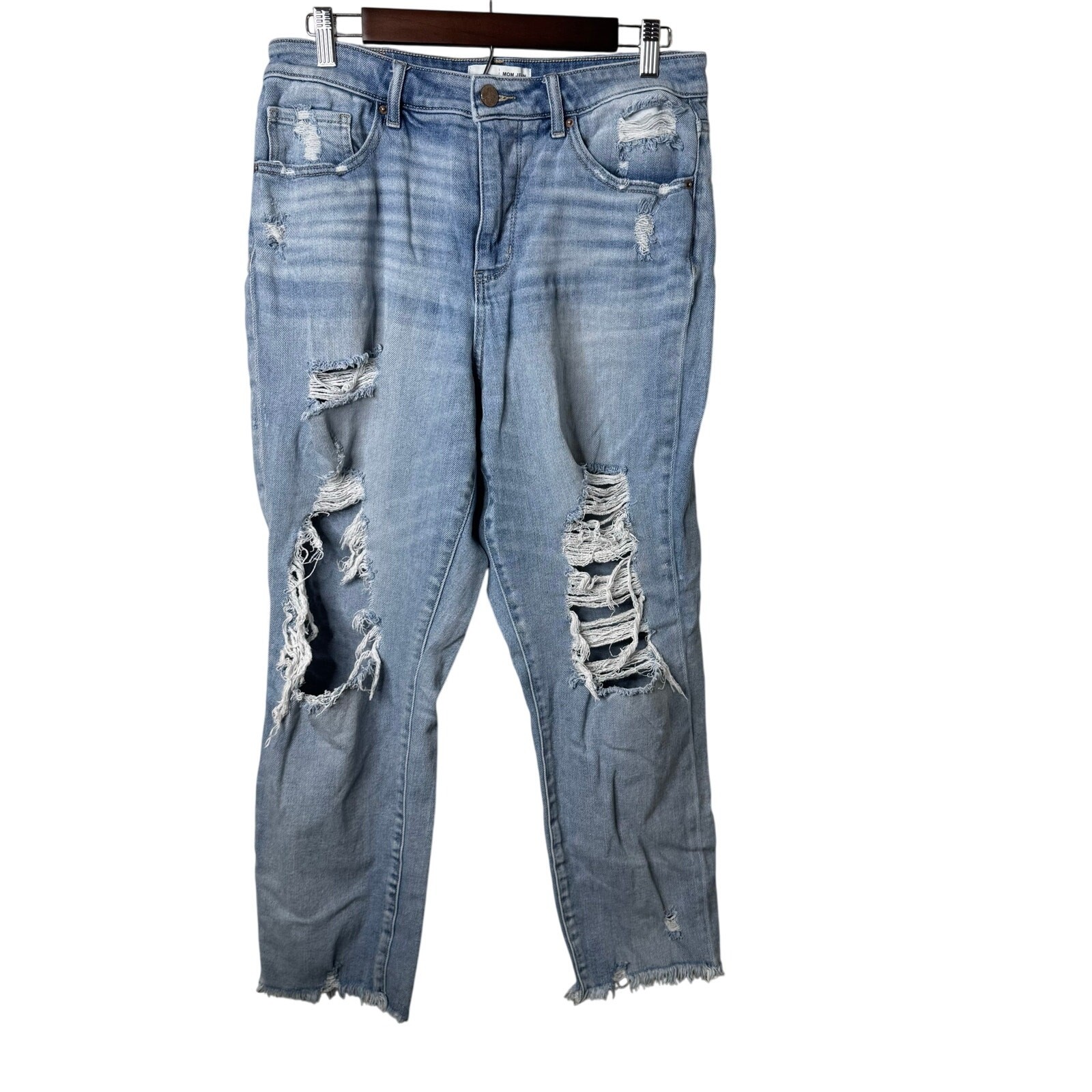 BKE Mom Jeans Women’s 29 High Rise Distressed Ripped Light Wash Raw Hem Denim-image