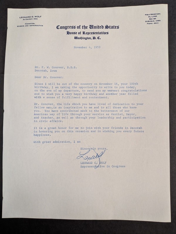 Leonard G. Wolf (d. 1970) Signed 1959 Letter - Iowa Representative - Congress