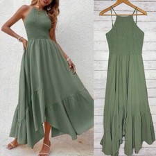 Sage Green Smocked Asymmetrical Hem Boho Maxi Dress Size Small