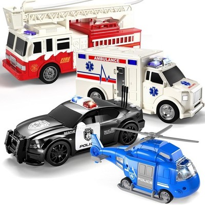TEMI 4er-Pack Einsatzfahrzeuge Spielzeug Polizeiauto Feuerwehrauto Krankenwage