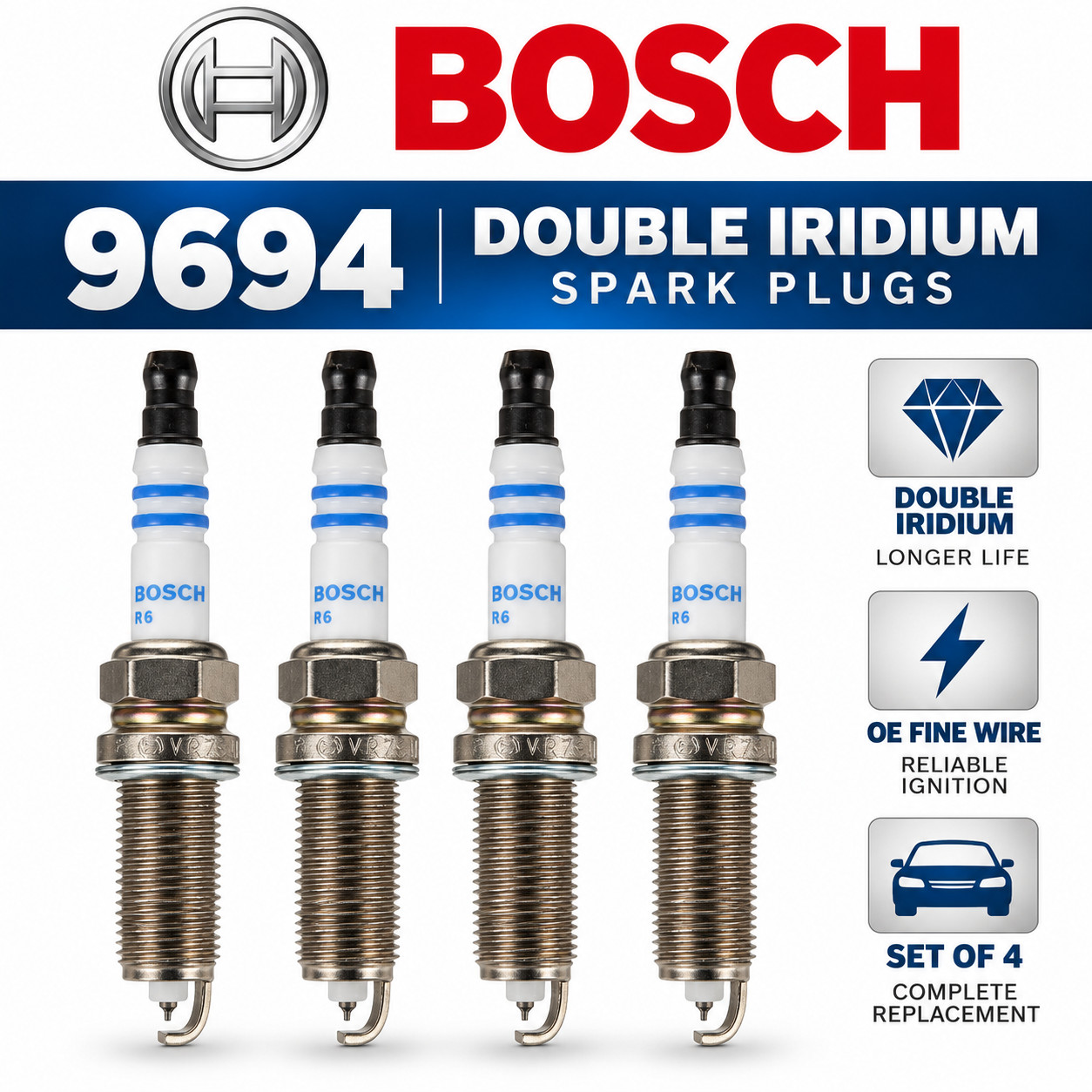 Bosch 9694 Double Iridium Spark Plugs Set of 4 for Honda Subaru Accord Forester