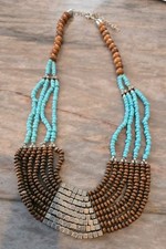 Vintage Boho Style Wooden/Silvertone/Faux Turquoise Beaded Necklace