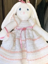 Handmade Vintage 1980s Crocheted Country Bunny Doll   Handmade 16  Tall