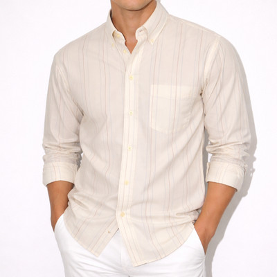 Vintage Ticking Striped Button Down Shirt Men M Cream Blue Mod Preppy Cotton