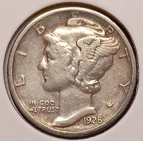 1928-D MERCURY DIME - Very Fine (VF) - toning streaks reverse