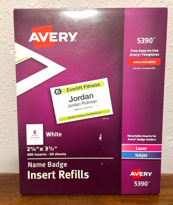 Avery 5390 Name Badge Insert Refills 2 1/4 x 3 1/2  400 inserts 50 Shts - white