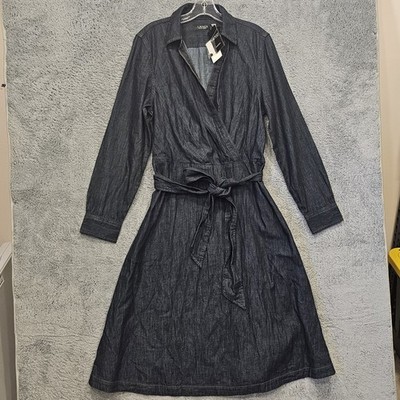 Lauren Ralph Lauren Denim Midi Dress Self-Belt Long Sleeve Surplice Neck Size 16