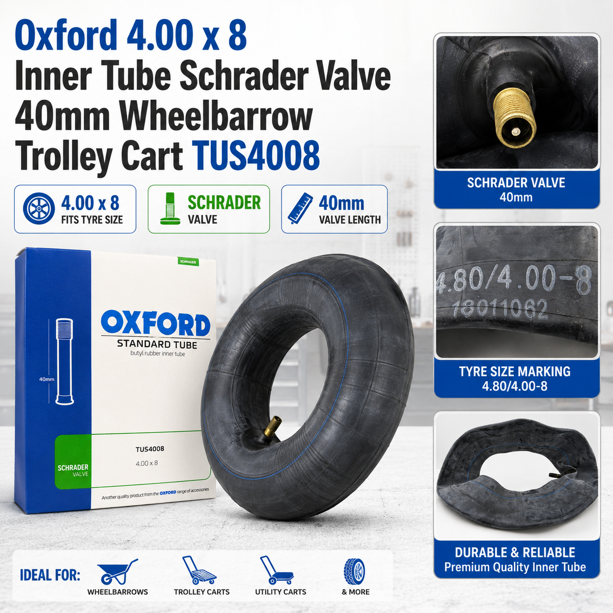 Oxford 4.00 x 8 Inner Tube Schrader Valve 40mm Wheelbarrow Trolley Cart TUS4008