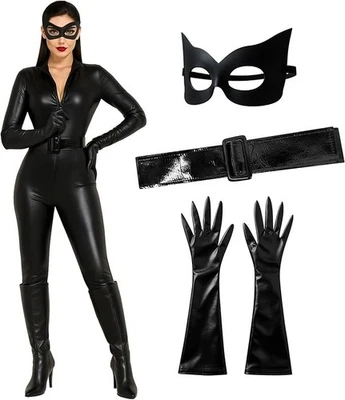 MORPH COSTUMES Womens Catwoman Costume Wet Look Jumpsuit Black Cat Halloween Fancy Dress S - XL