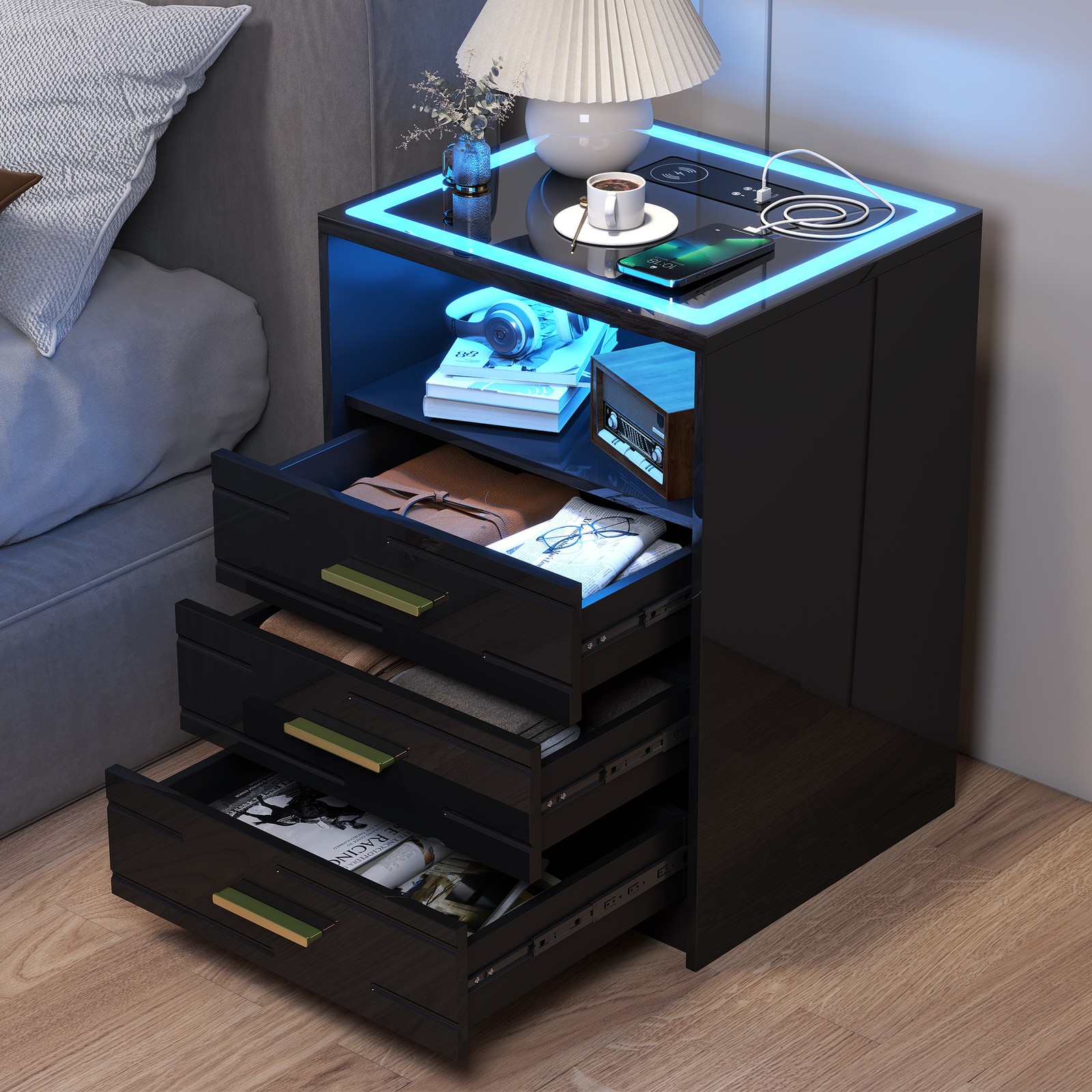 Nightstand with Charging Station, Bedside Table with 3 Drawers and LED Lights