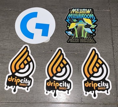 A8 LOT STICKERS MELLOW MUSHROOMS PIZZA BAKERS  G  BLUE LOGITECH DRIP CITY BAKED