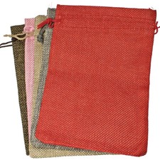 5 Burlap Fabric Drawstring Bags, Cloth Pouches, Mixed Colors 5"x7"