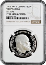 Wurttemberg 3 mark 1916 (1991) F, NGC PF68 UC RESTRIKE, "Reign of William II"Top