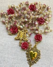 Rosary Immaculate Mary Lampwork Beads Gold Tone Sacred Heart with Roses
