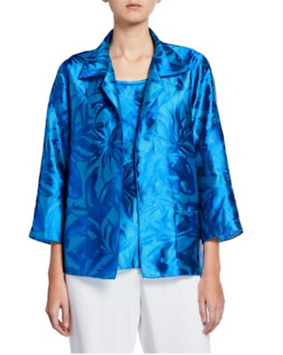 New Caroline Rose Jacket Blue Open Front Hawaiian Floral Jacquard Size XS