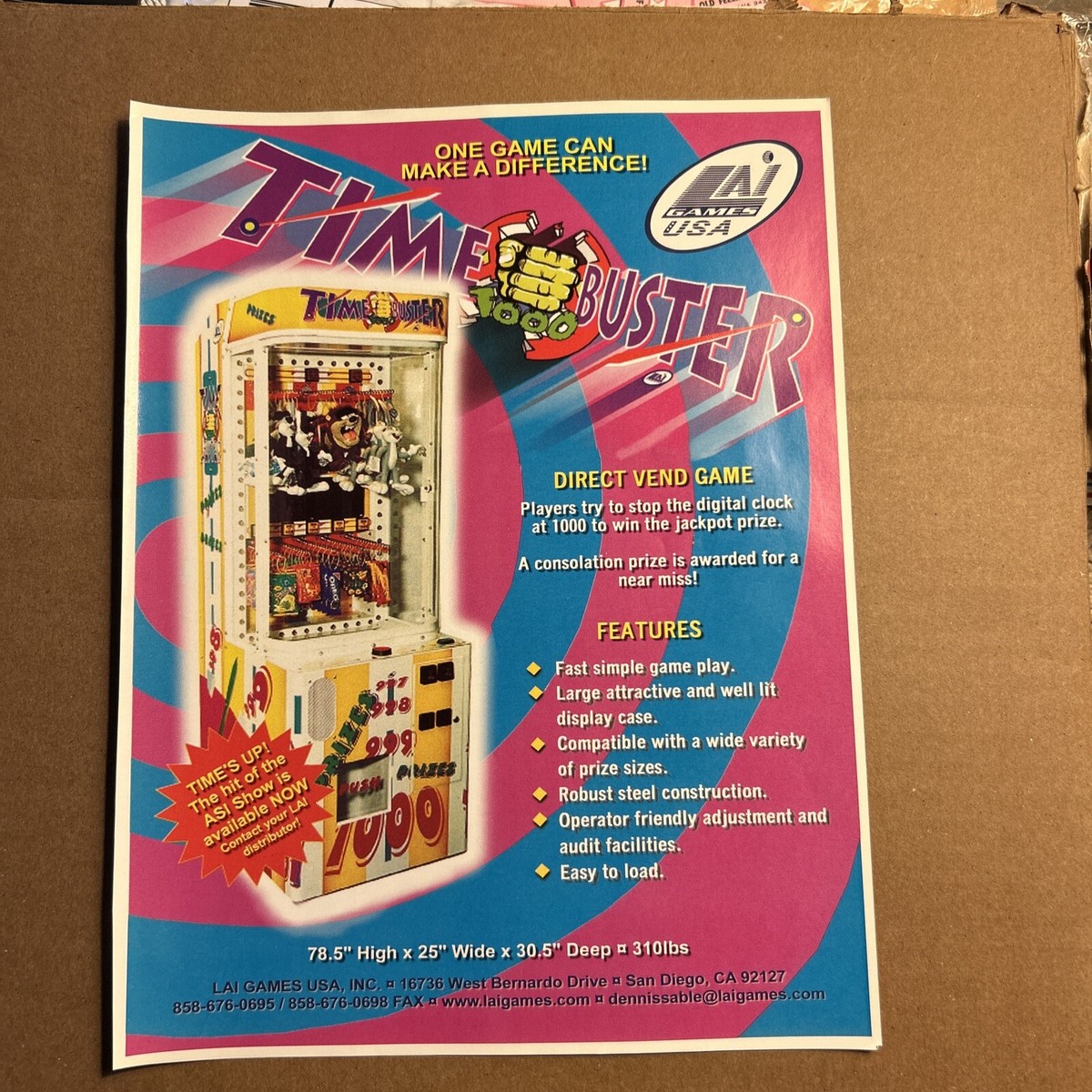 original ad 11-8” 2000 Time Buster Lai Games Arcade game flyer | eBay