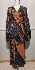 Unbranded EUC Women’s Black & Orange Wrap Tie Dress LS Size S 54x48” Bin B4