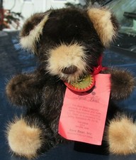 VINTAGE BLACK TEDDY BEAR REAL FUR SOFT MINK ARTIST RARE BEARS TAGS RED RIBBON 6"