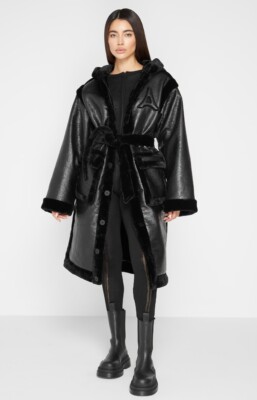 Maniere de voir limited Edition Cracked Vegan Leather and Plush Coat  Black