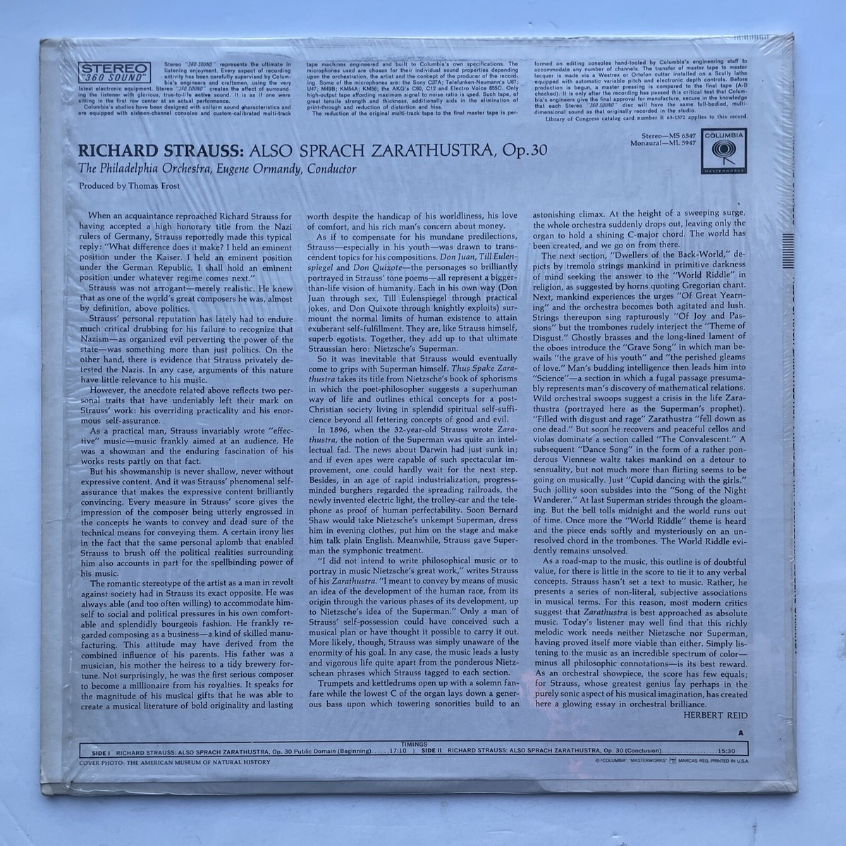 Ormandy, STRAUSS: ALSO SPRACH ZARATHUSTRA, LP 1964 Columbia 360