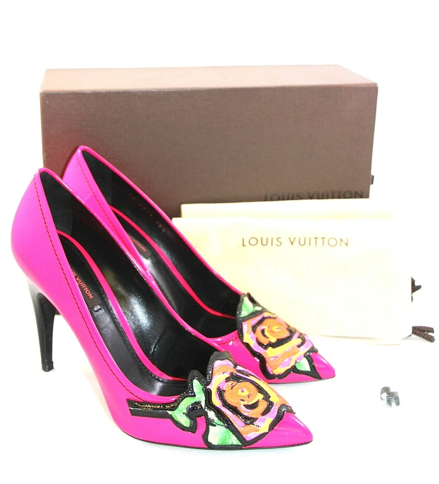 Louis Vuitton Sz 38.5 Stephen Sprouse Roses Patent Hot Pink Pumps Heels Shoes - Image 2 of 4