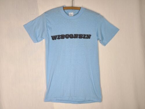 Vtg 70s WISCONSIN Tshirt Cotton 50/50 Single Stitch Retro Souvenir S 34 NOS Blue - Picture 1 of 8