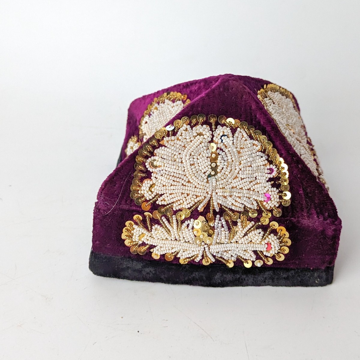 VTG Elephant Beaded Velvet Cap Ethnic Boho Festival Burmese 