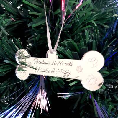 Hundeknochen, Christbaumschmuck mit Gravur personalisiert verspiegelt