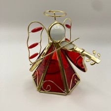 Vintage Stained Glass Tea Light Candle Holder Red/Gold Angel Playing Violin