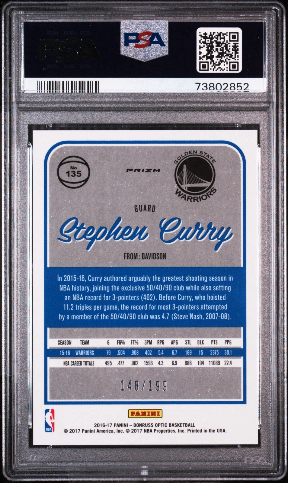 Stephen Curry PSA 10 2016-17 Donruss Optic #135 Orange Prizm #148/199 Warriors view 2