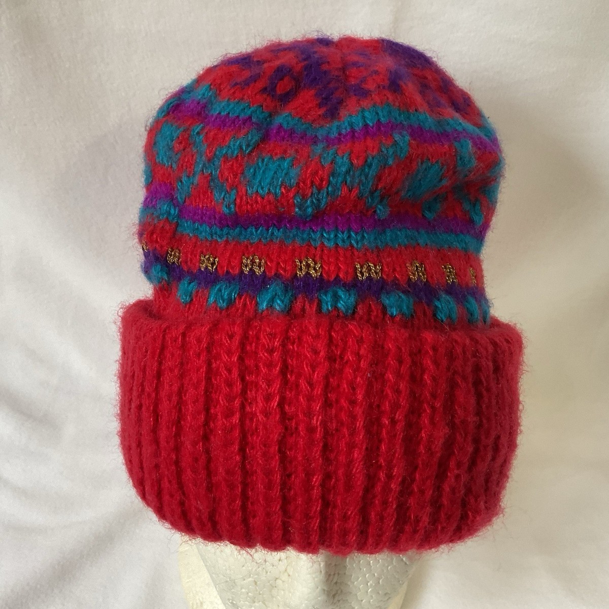 Vintage Aris Womens Beanie Hat with Cuff Red Blue Purple 