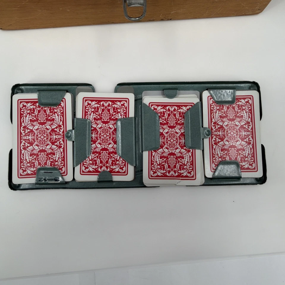 24 Vintage Duplicate Metal Bridge Boards with cards and Wood Case - Image 2 of 4