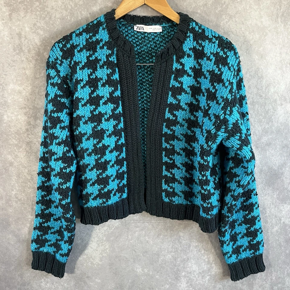 Cardigã Zara Jacquard Feminino Pequeno Houndstooth Jaqueta Jumper Suéter Tamanho Grande - Imagem 2 de 4