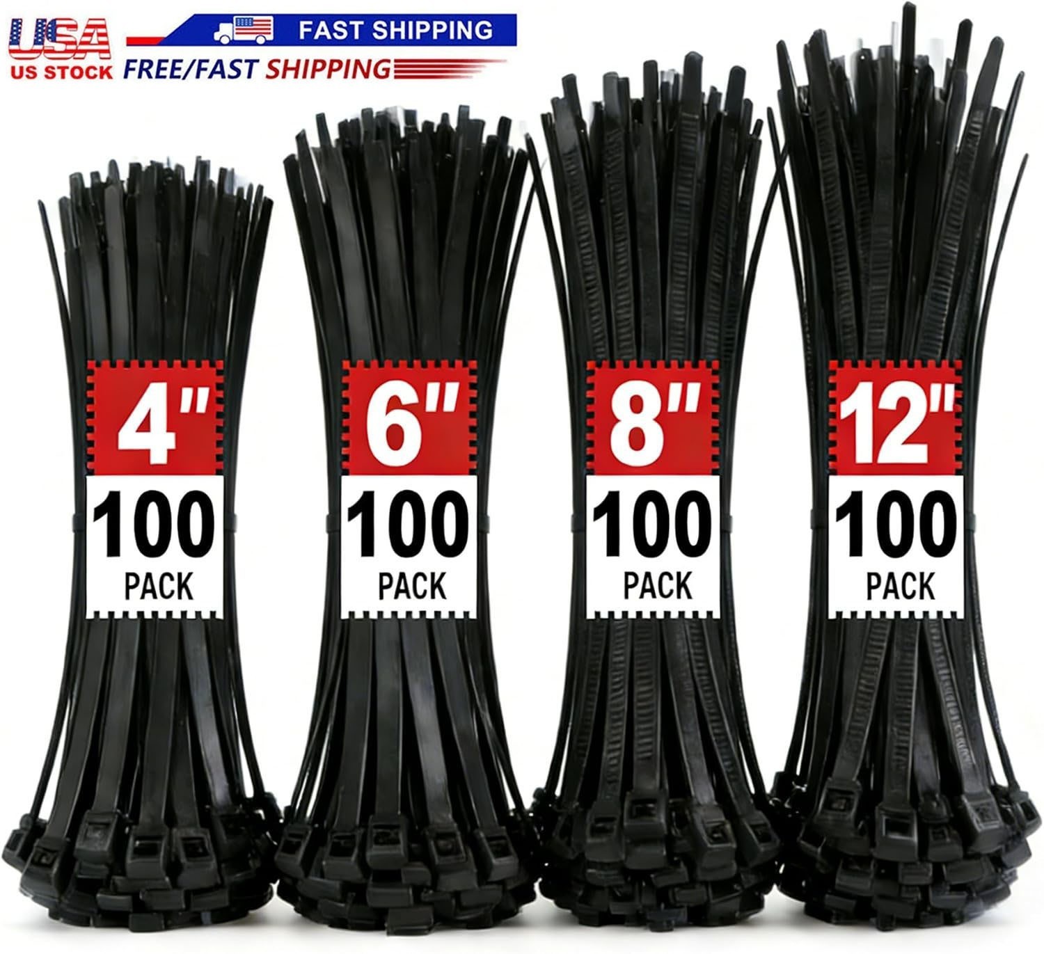 Cable Zip Ties 400 Pcs Assorted Sizes (4/6/8/12 Inches) | 45Lbs Max Tensile
