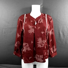 Alya Womens Top Medium Burgundy Floral Boho Sheer Cottagcore Grannycore Flowy